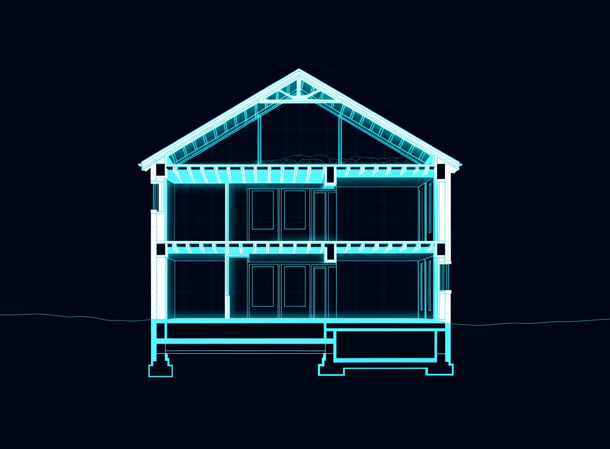 Architectural cutaway cross-section of a two-storey house showing roof trusses, attic, two floors of framing, and the basement foundation