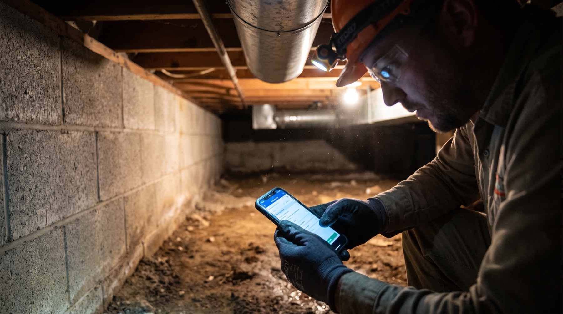 A home inspector recording findings on a phone in a dark crawlspace, lit by a headlamp