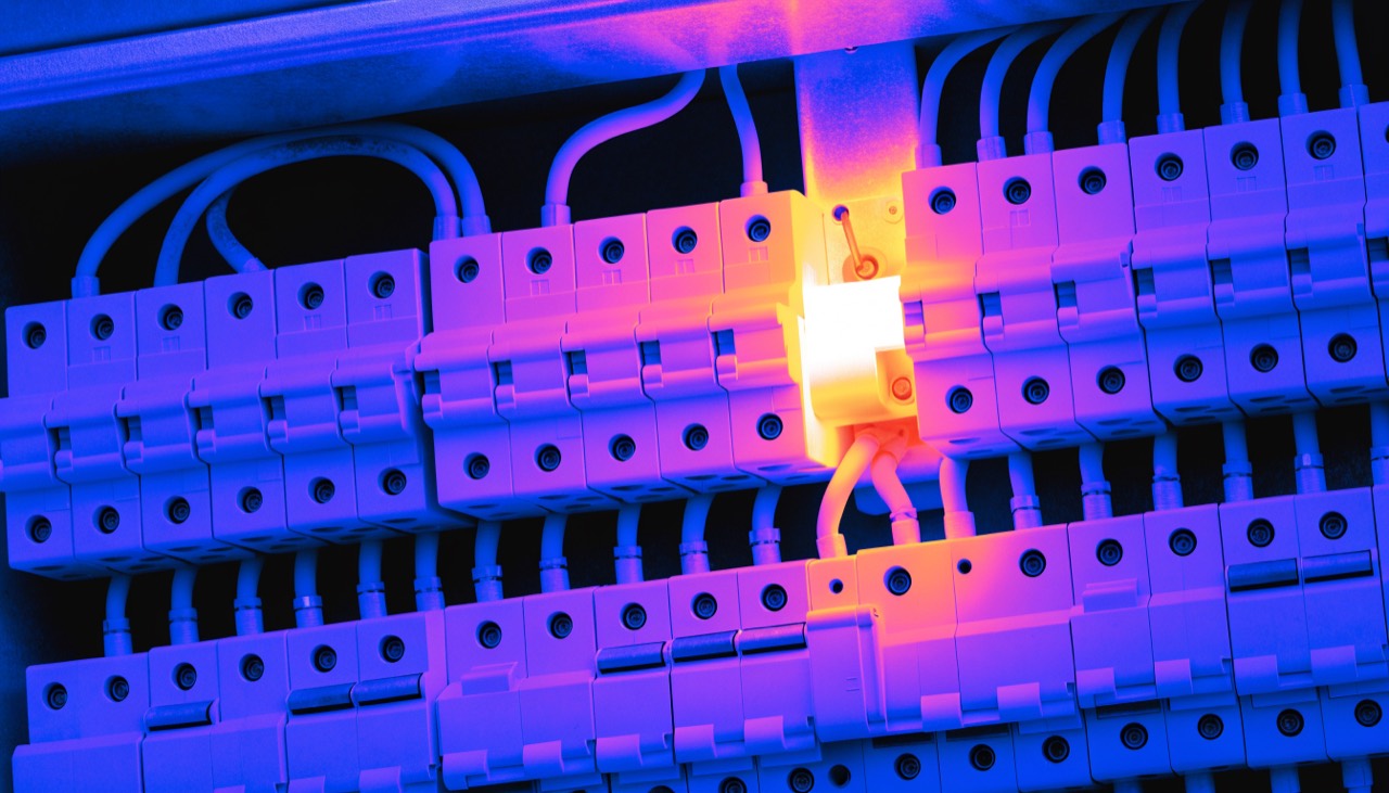 An overheating breaker shown as a false-colour infrared thermal image